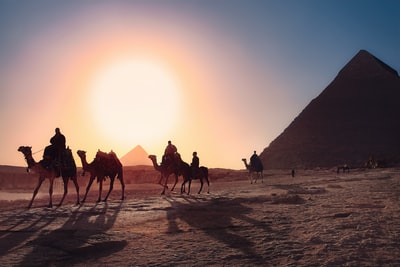 五人骑骆驼走在沙滩旁边埃及金字塔
